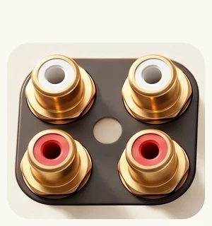 Four RCA sockets on a black plate, gold barrels, the upper pair collared white and the lower pair red